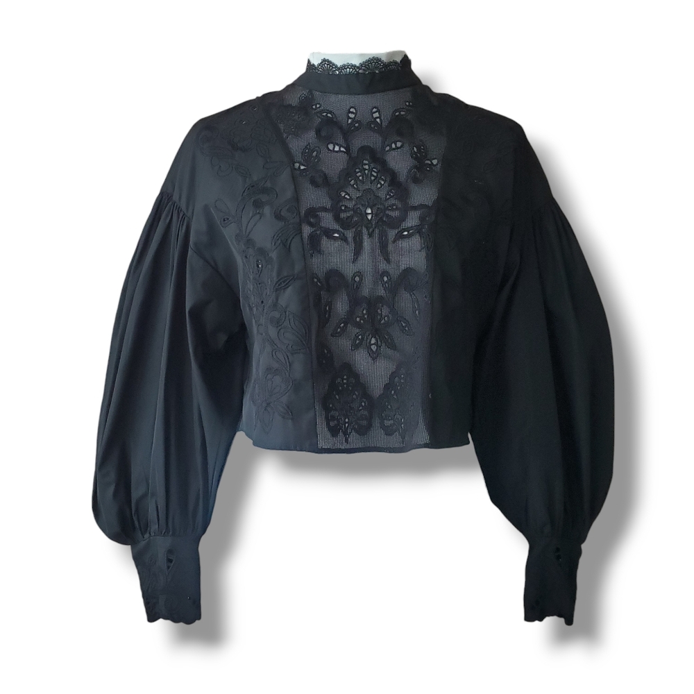 ZARA Embroidered Blouse w Long Bishop Sleeves in Panther Black